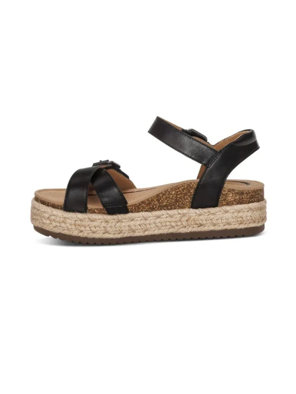 Aetrex Paula Espadrille Platform Sandals Size 7 Black Leather NWOB